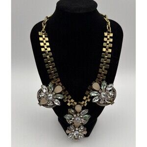 Statement Bib Necklace Gold Tone Rhinestone Crystal Floral Chunky Fashion